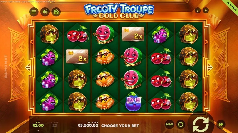 Frooty Troupe - Gold Club grundspil, 6×4-hjul med frugtsymboler og to gyldne 2x-kort