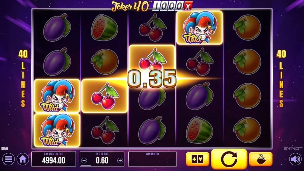 Joker 40 1000 gevinst på 0,35 med kirsebær og farverige jokerwilds fremhævet