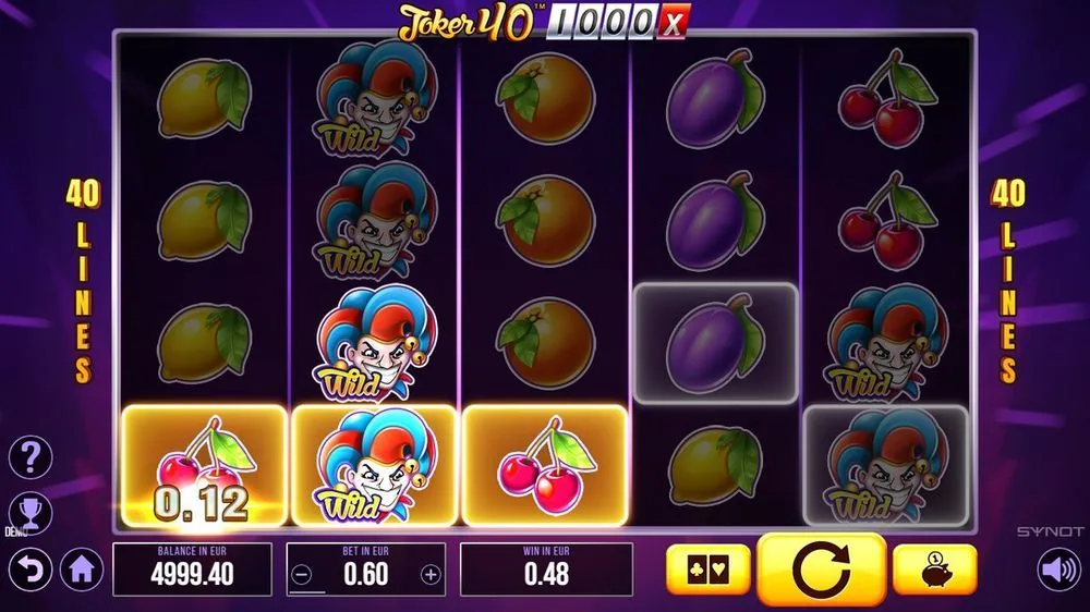 Joker 40 1000 med jokerwilds og en kirsebærgevinst på 0,12, samlet win 0,48