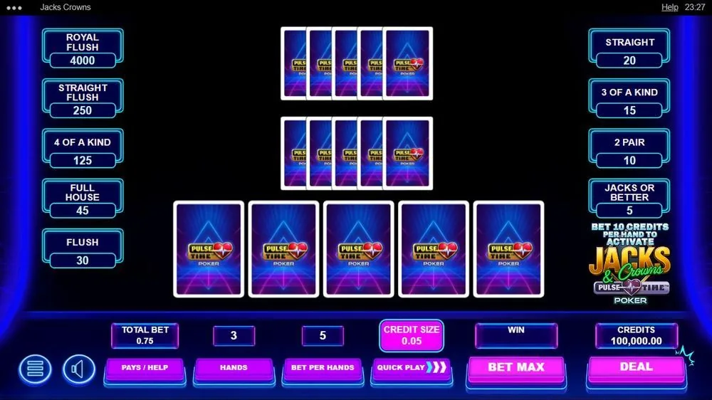 Jacks & Crowns Pulse Time — skærmen viser BET 10 CREDITS PER HAND TO ACTIVATE