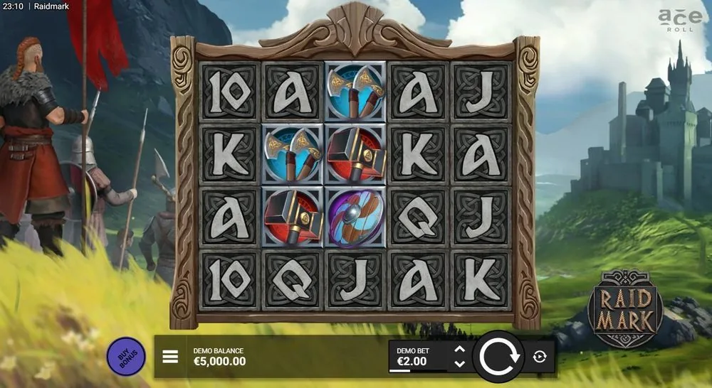 Raidmark grundhjul, 5×4-raster i træramme med stenristede kort og våbensymboler, indsats €2,00