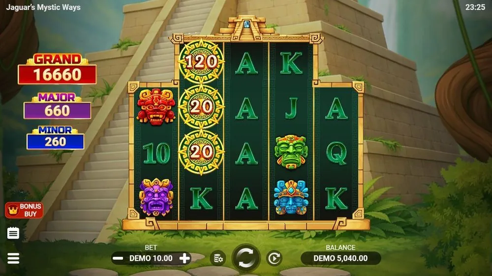 Jaguar's Mystic Ways cash-collector-mønter med værdier 120 og 20 på hjul 2, saldo steget til 5.040