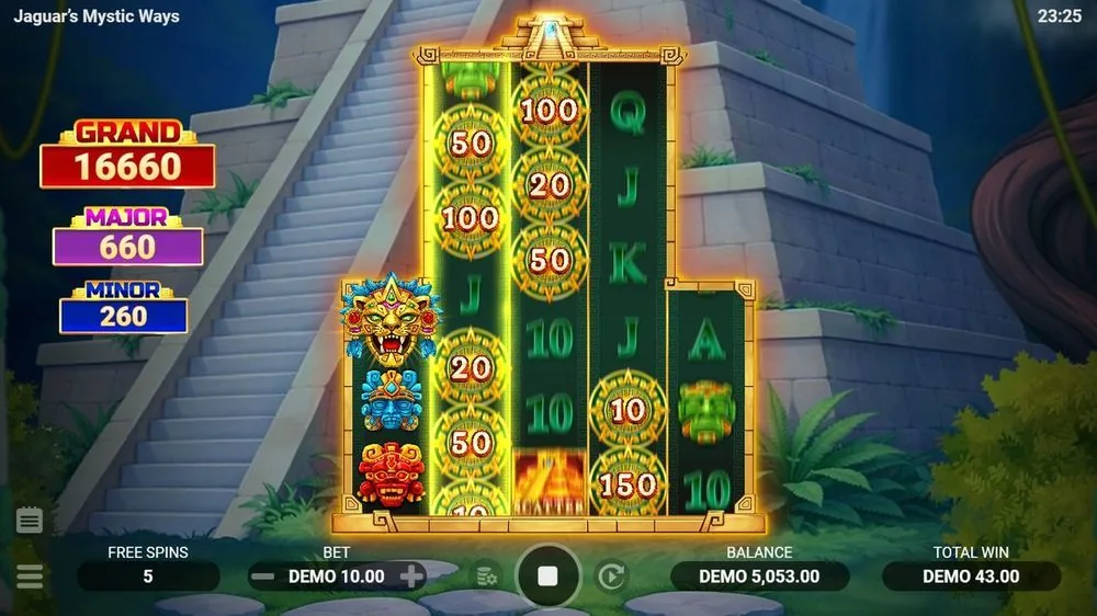Jaguar's Mystic Ways free spins med ekspanderede hjul, mønter 50/100/150 og total win 43,00
