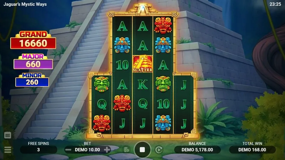 Jaguar's Mystic Ways free spins, scatter-pyramide midt på pladen, total win 168,00