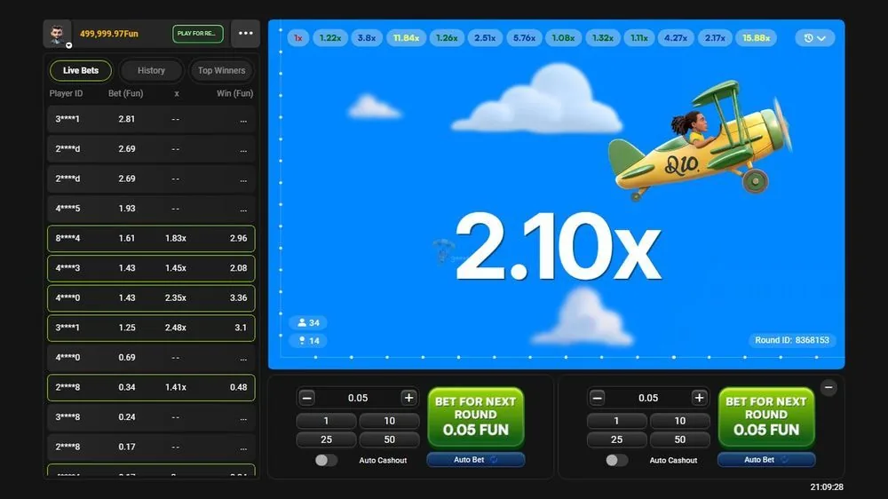 Avinho R10 crash-runde, multiplikatoren står på 2,10x med det gule biplan over blå himmel