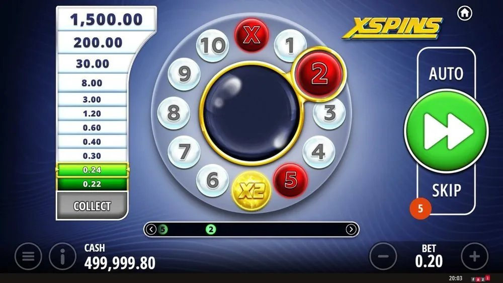 XSpins-hjul med markøren på felt 2, gevinststigen fremhævet på 0,24 og 0,22
