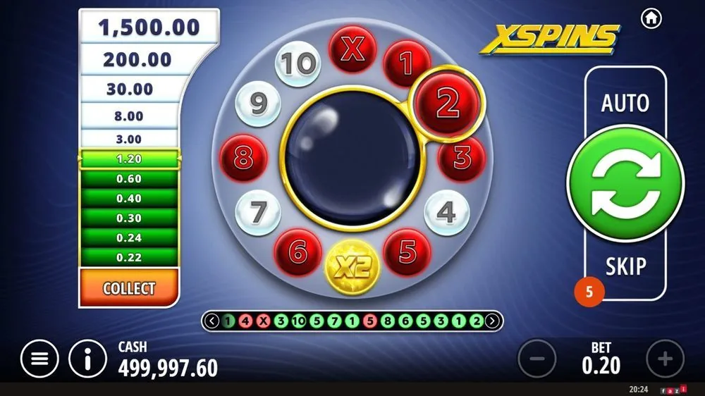 XSpins med COLLECT-knappen aktiv i orange og stigen fremhævet op til 1,20