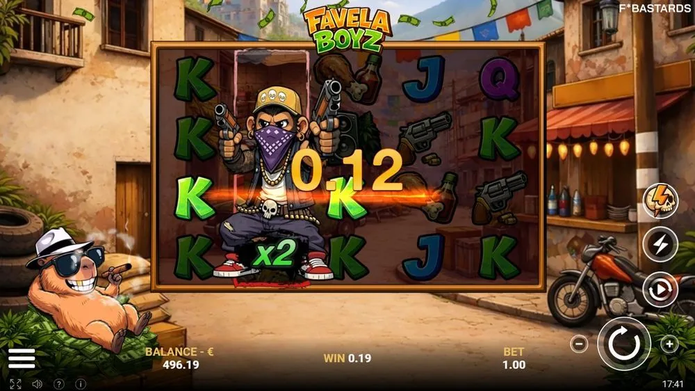 Favela Boyz med den maskerede abe-bandit som fuldhøjt x2-symbol på rulle 2, gevinst 0,19