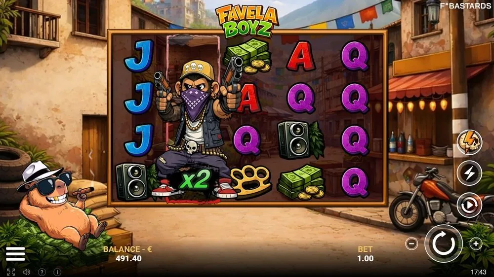 Favela Boyz med x2-figuren fastlåst og specialsymboler som knojern og højttalere på hjulene