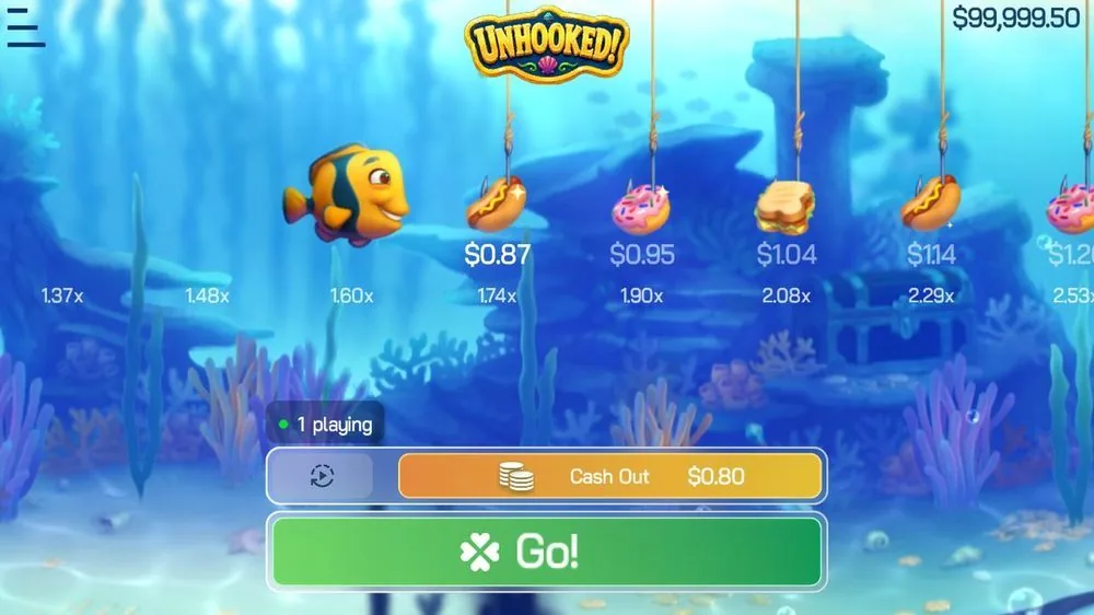 Unhooked! undervandsscene med fisk, madkroge og en multiplikatorstige fra 1,37x og opad, Cash Out 0,80 og Go!-knap
