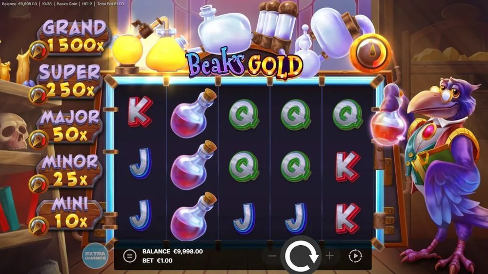 Beaks Gold grundspil med kort-royalty og jackpot-stige, indsats €1,00