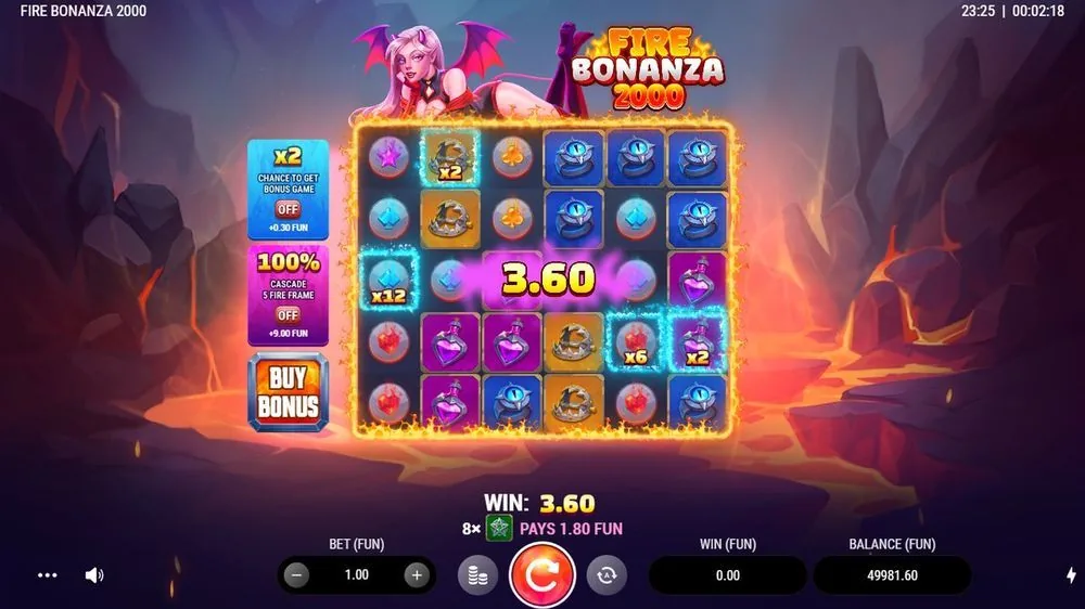 Fire Bonanza 2000 klyngegevinst 3,60 med multiplikator-brikker x2, x6 og x12 på gitteret