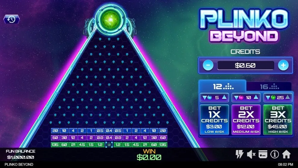 Plinko Beyond spilleplade med neon-pyramide og multiplikatorstige, WIN 0,00