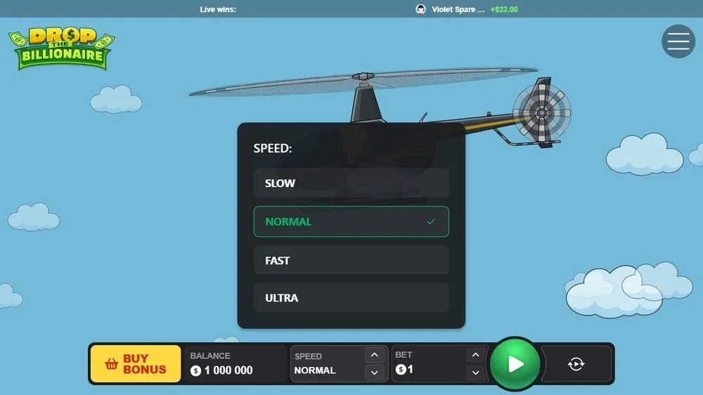 Drop the Billionaire helikopter over blå himmel med åben SPEED-menu og BUY BONUS-knap