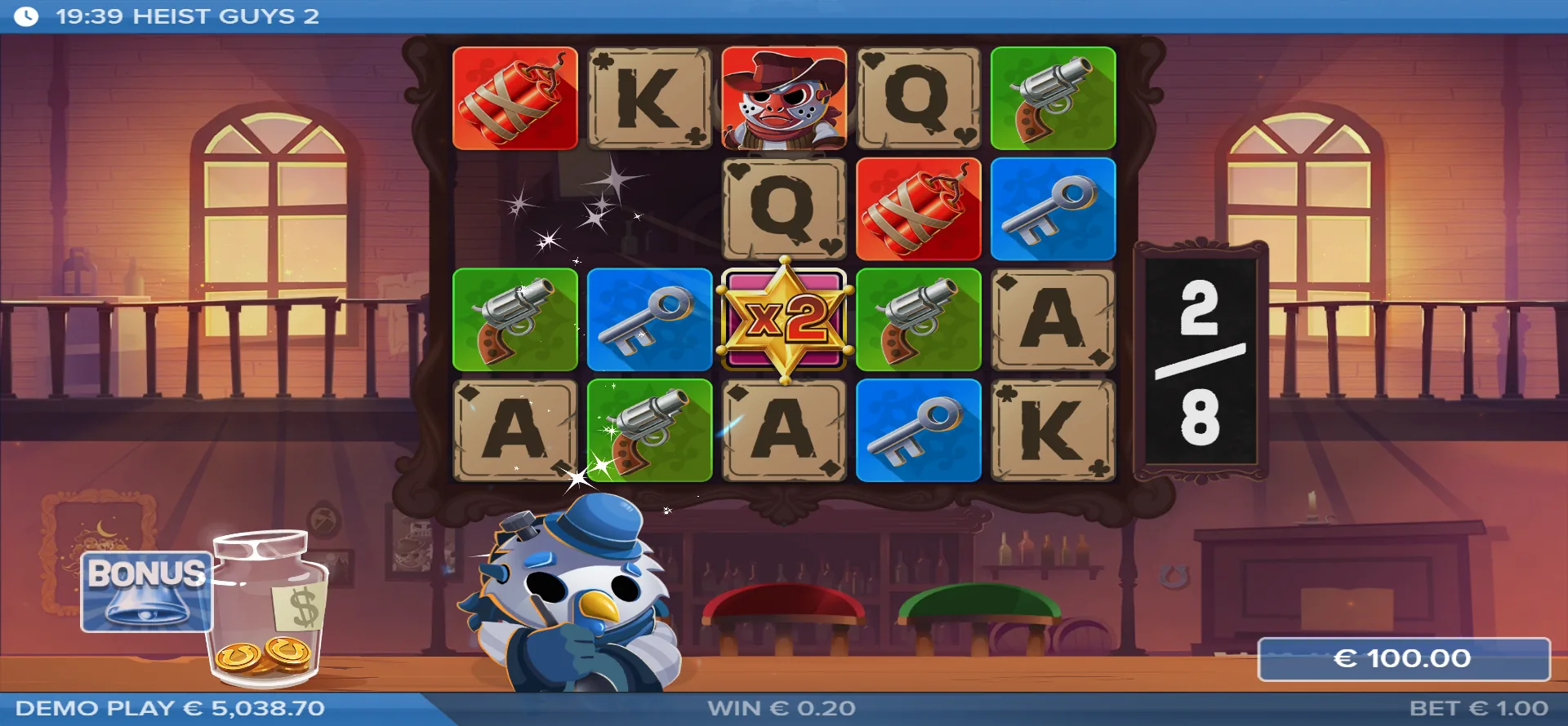 Heist Guys 2 free spins, spin 2 af 8, Super Wild på x2