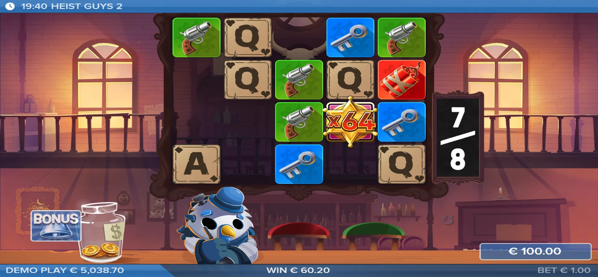 Heist Guys 2 free spins, spin 7 af 8, Super Wild på x64, gevinst 60,20